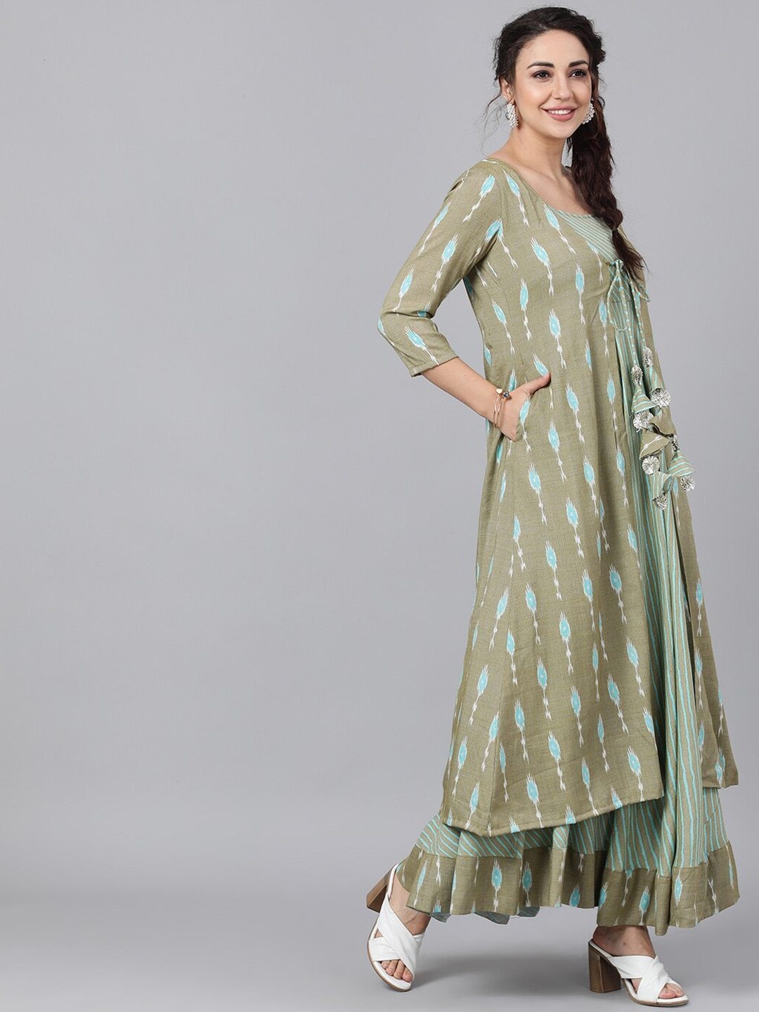 Women's  Green Printed Layered Maxi Dress