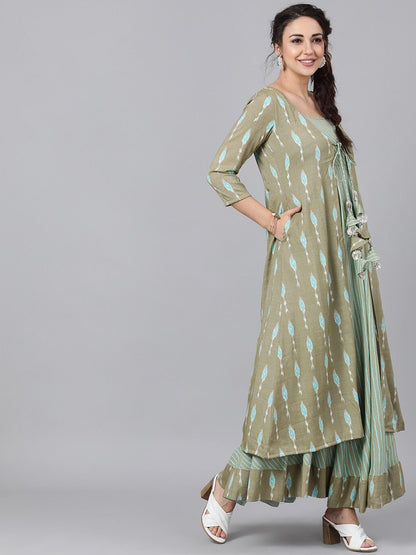 Women's  Green Printed Layered Maxi Dress