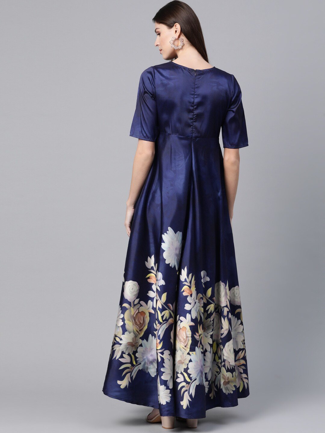 Women's  Navy Blue & White Digital Floral Print Maxi Dress