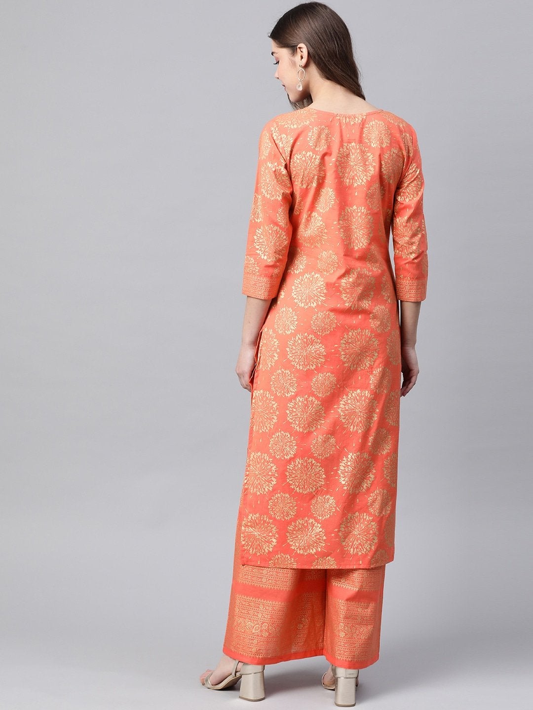 Women's Coral Orange & Golden Printed Cotton Kurta with Palazzos