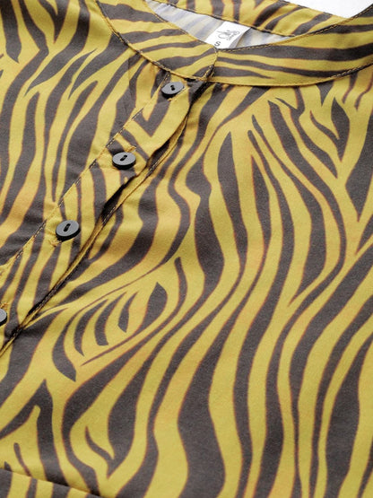 Women's  Yellow & Charcoal Grey Zebra Print A-Line Dress