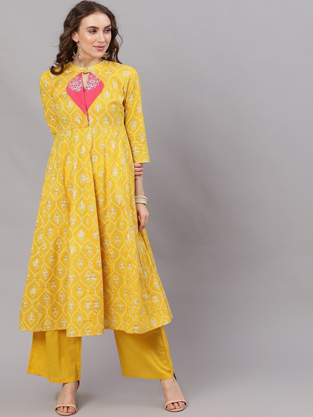 Women's  Yellow Printed Anarkali Kurta