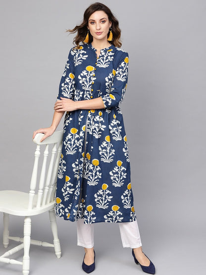 Women's  Navy Blue & Off-White Printed A-Line Kurta