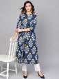 Women's  Navy Blue & Off-White Printed A-Line Kurta