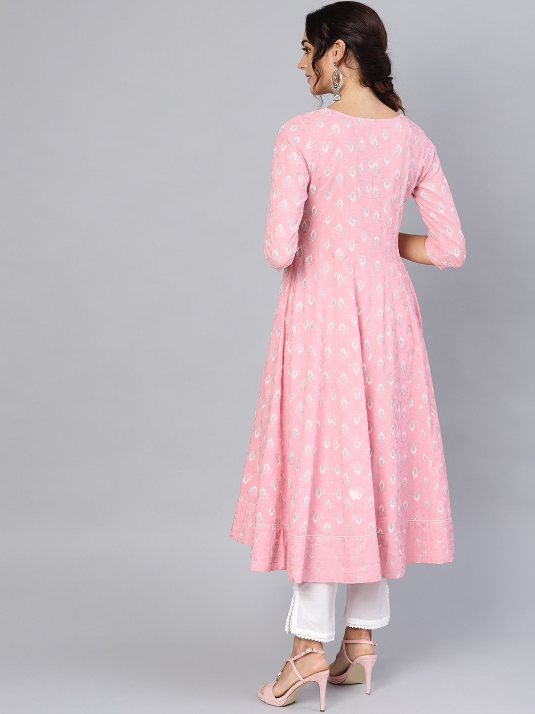 Women's  Pink & White Khari Print Anarkali Kurta