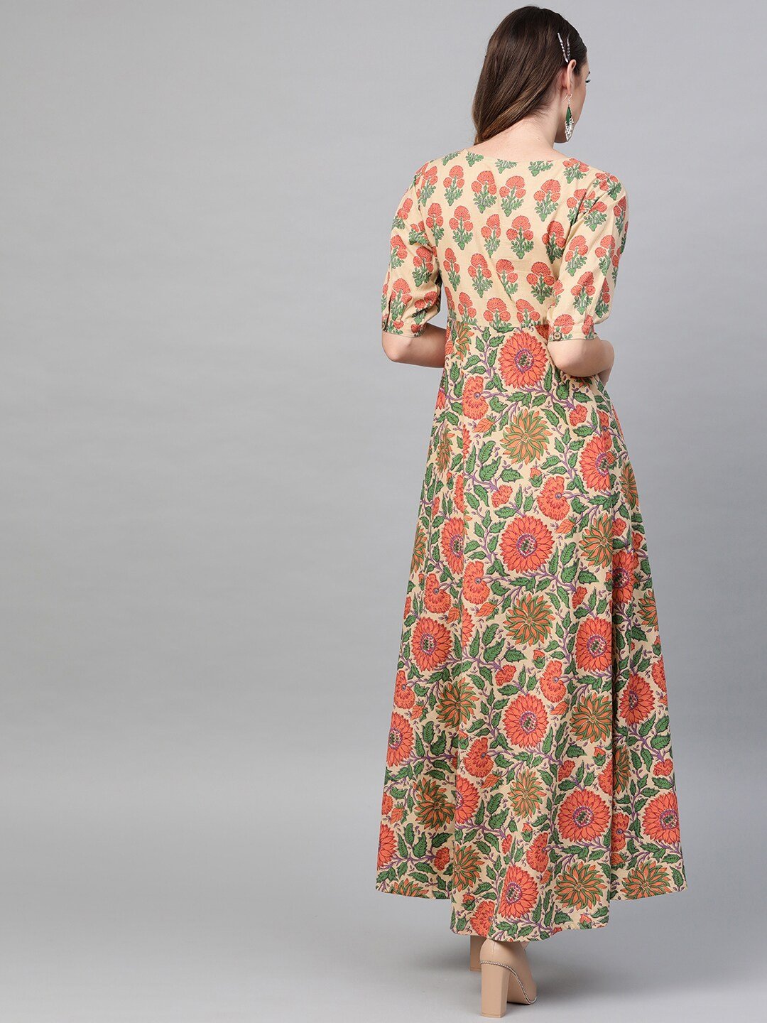 Women's  Beige & Orange Printed Maxi Dress