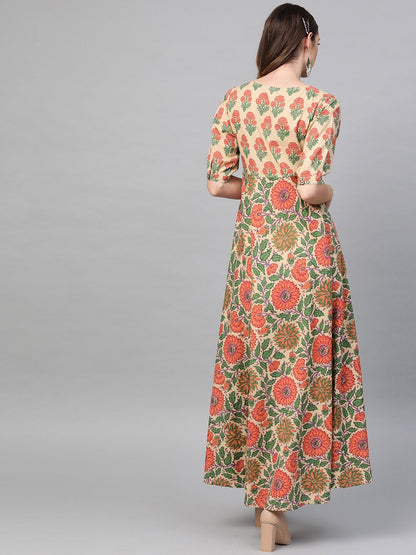 Women's  Beige & Orange Printed Maxi Dress