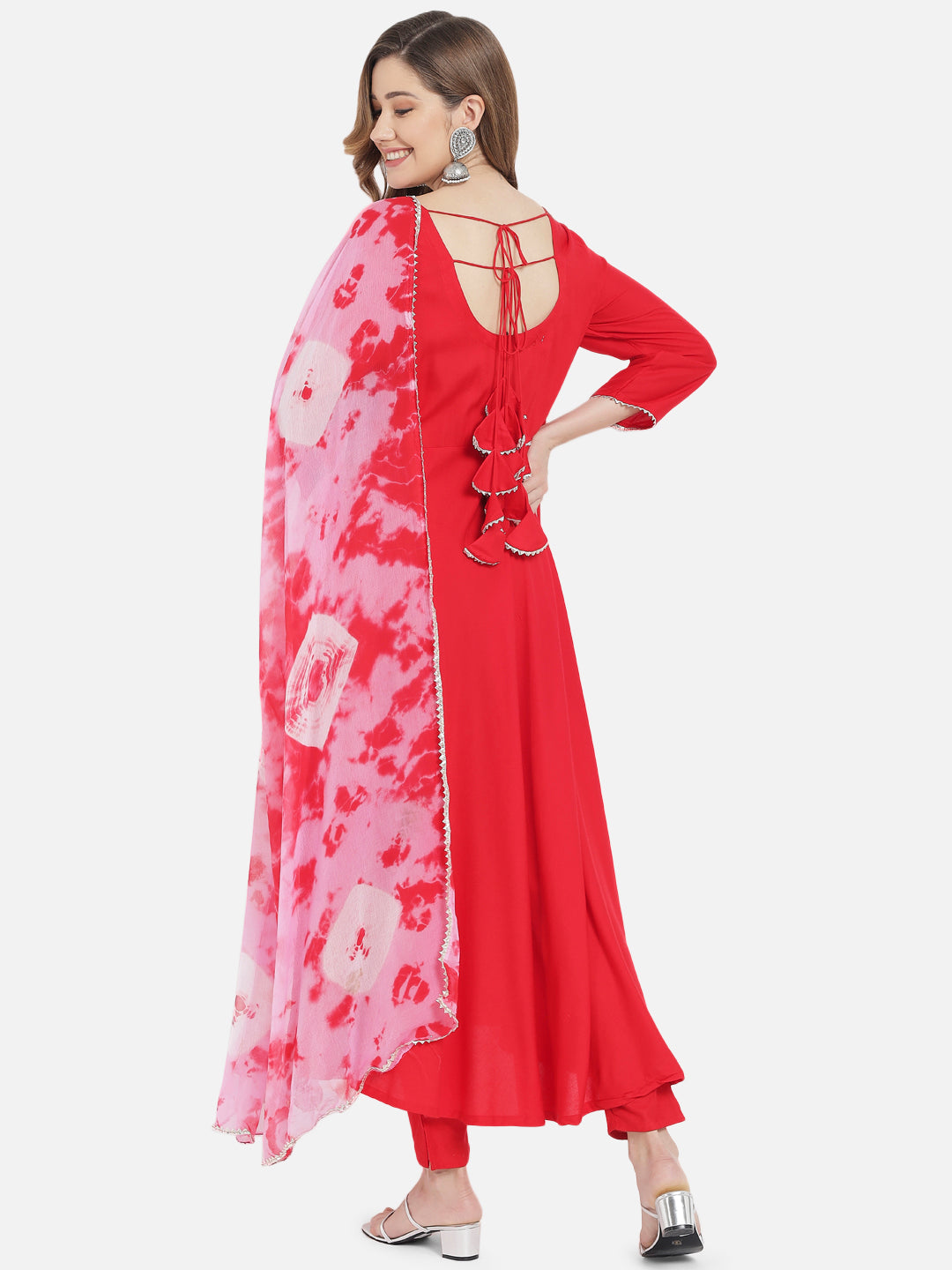 Women's Red Solid Flared Kurta set with Dupatta