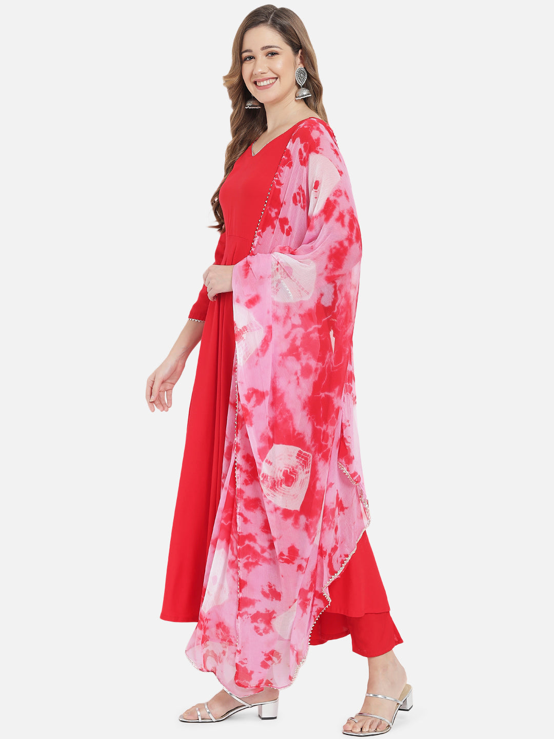 Women's Red Solid Flared Kurta set with Dupatta