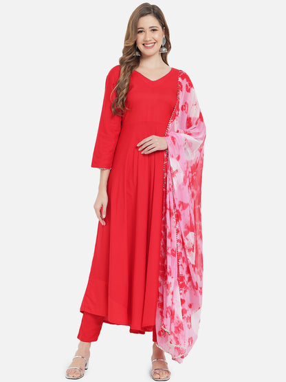 Women's Red Solid Flared Kurta set with Dupatta