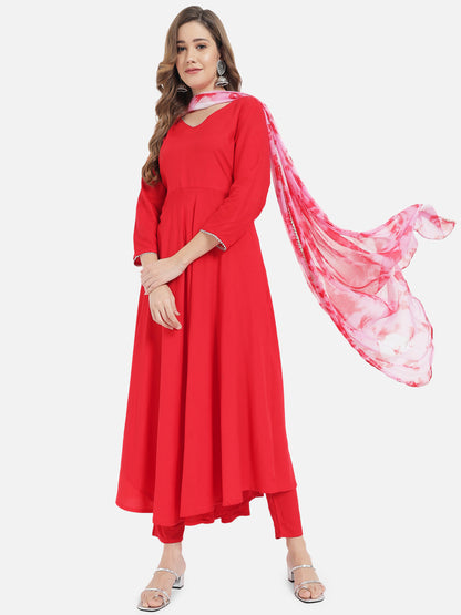 Women's Red Solid Flared Kurta set with Dupatta