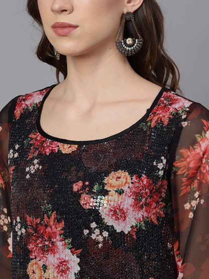 Women's  Black & Red Printed Kurta with Palazzos