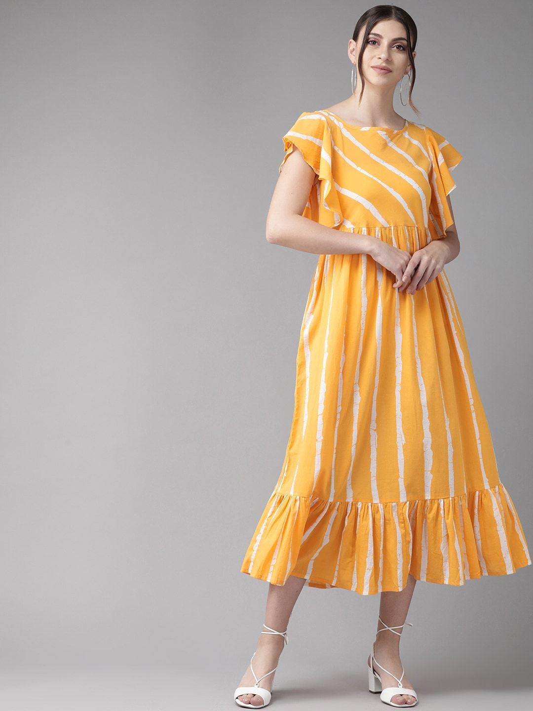 Women's  Mustard Yellow & White Striped A-Line Dress