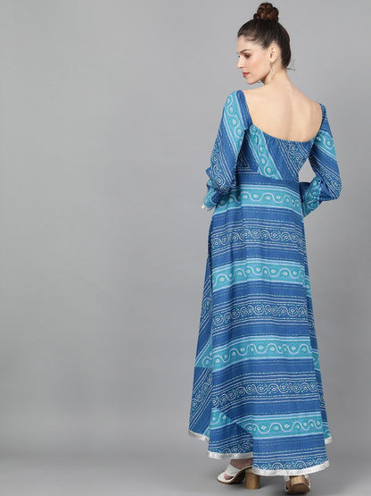 Women's  Blue Bandhani Printed Fit and Flare Dress