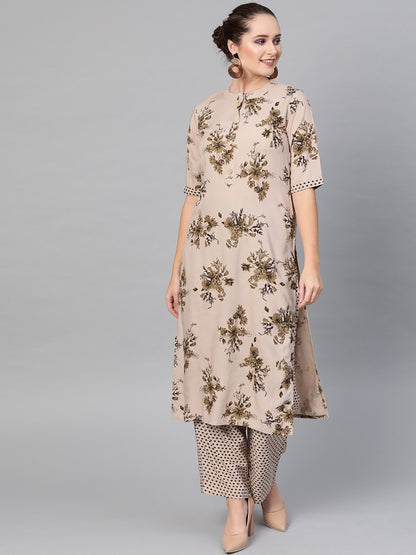 Women's  Beige & Brown Printed Straight Kurta with Palazzos