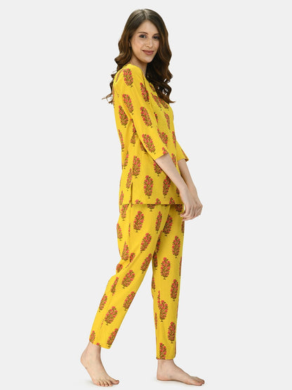 Women's Mustard Cotton Printed Half Sleeve V Neck Casual Night Suit