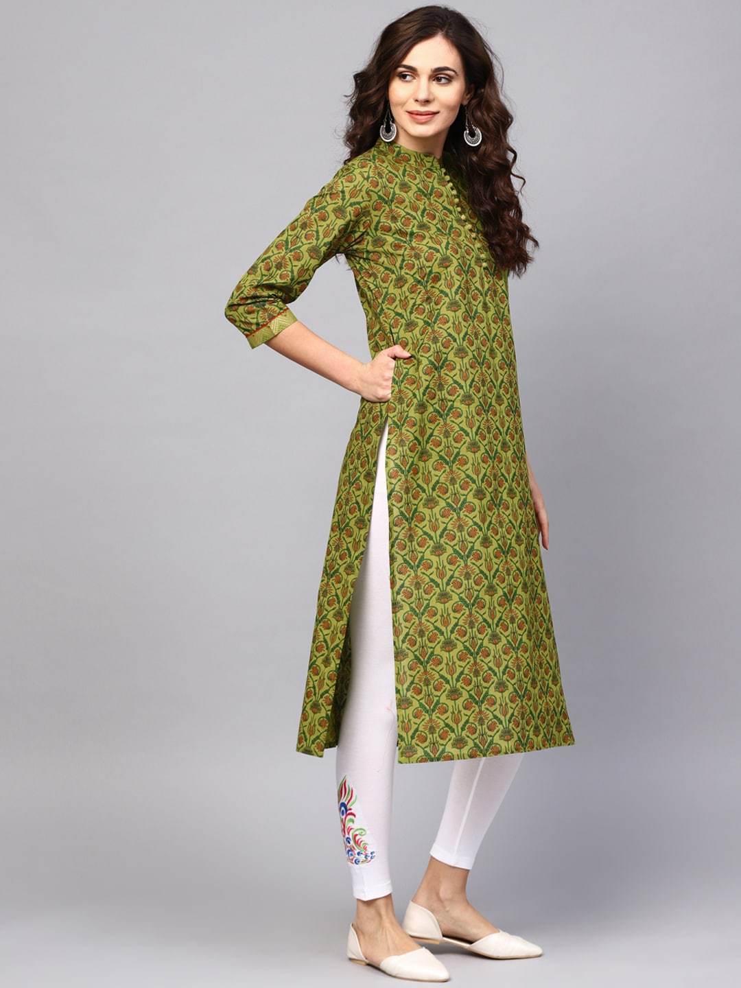 Women's  Green & Brown Printed Straight Kurta