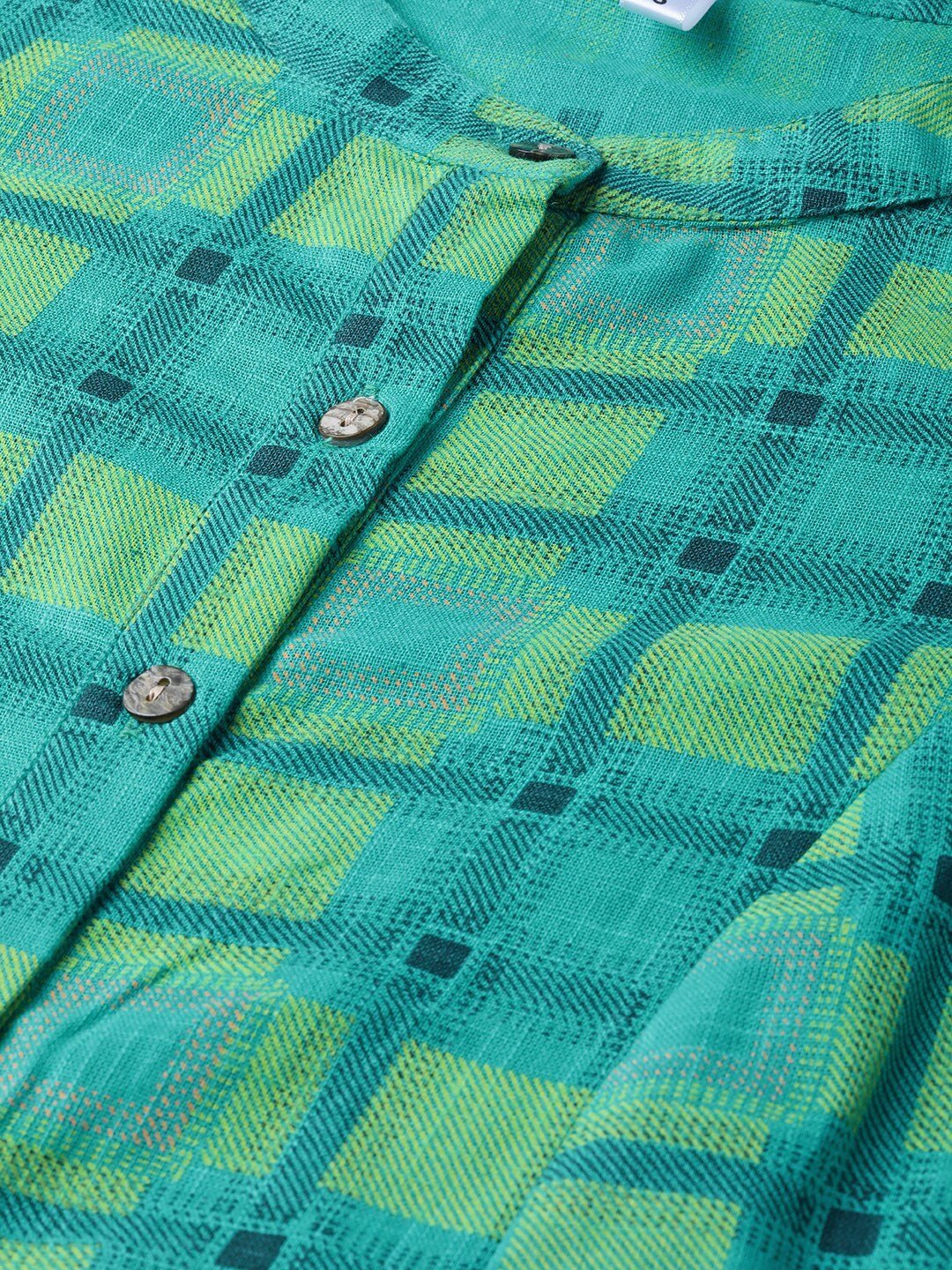 Women's  Blue & Green Checked A-Line Kurta