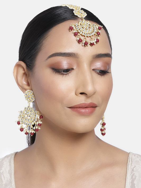 Women's Traditional Gold Plated Chandbali Kundan & Pearl Earring Set with Maang Tikka