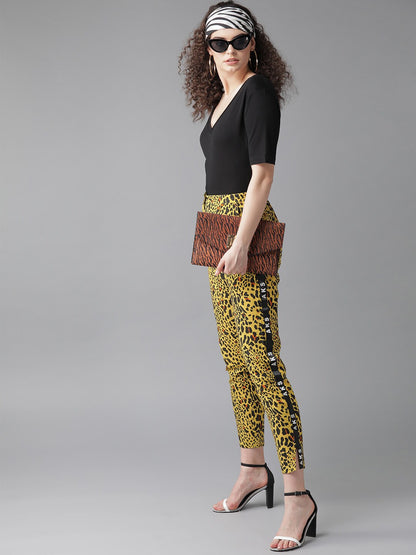 Women's Yellow Animal Print Cigarette Trouser