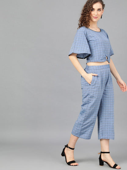 Women's  Blue & Black Checked Two-Piece Jumsuit