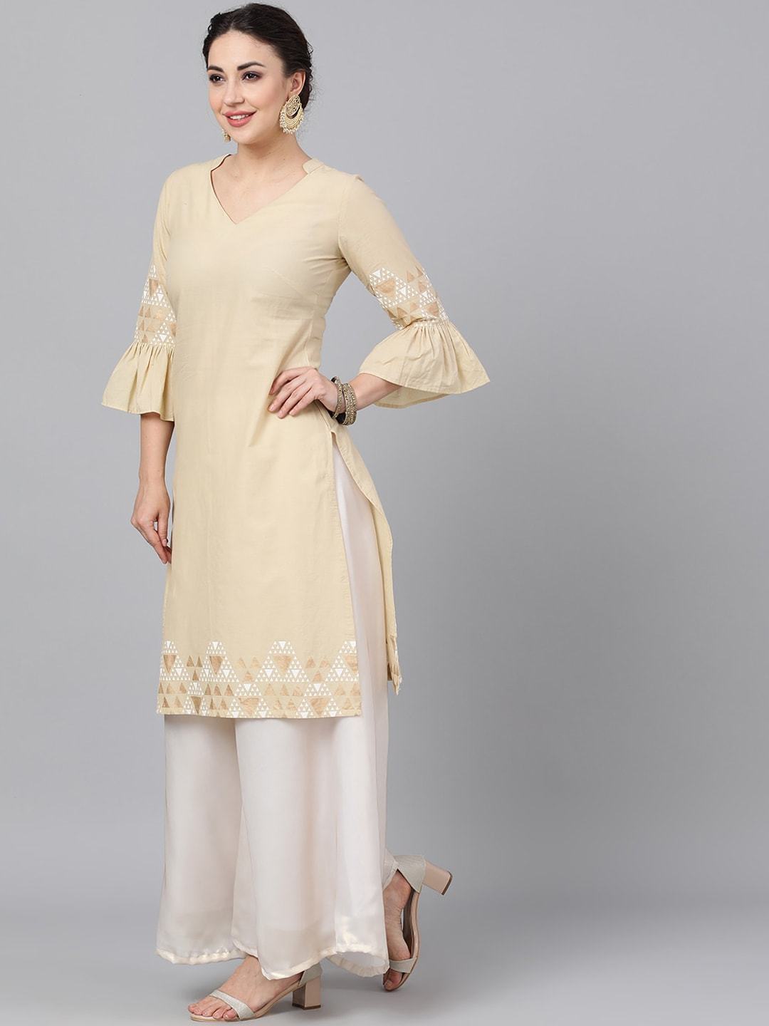 Women's  Beige Printed Straight Kurta