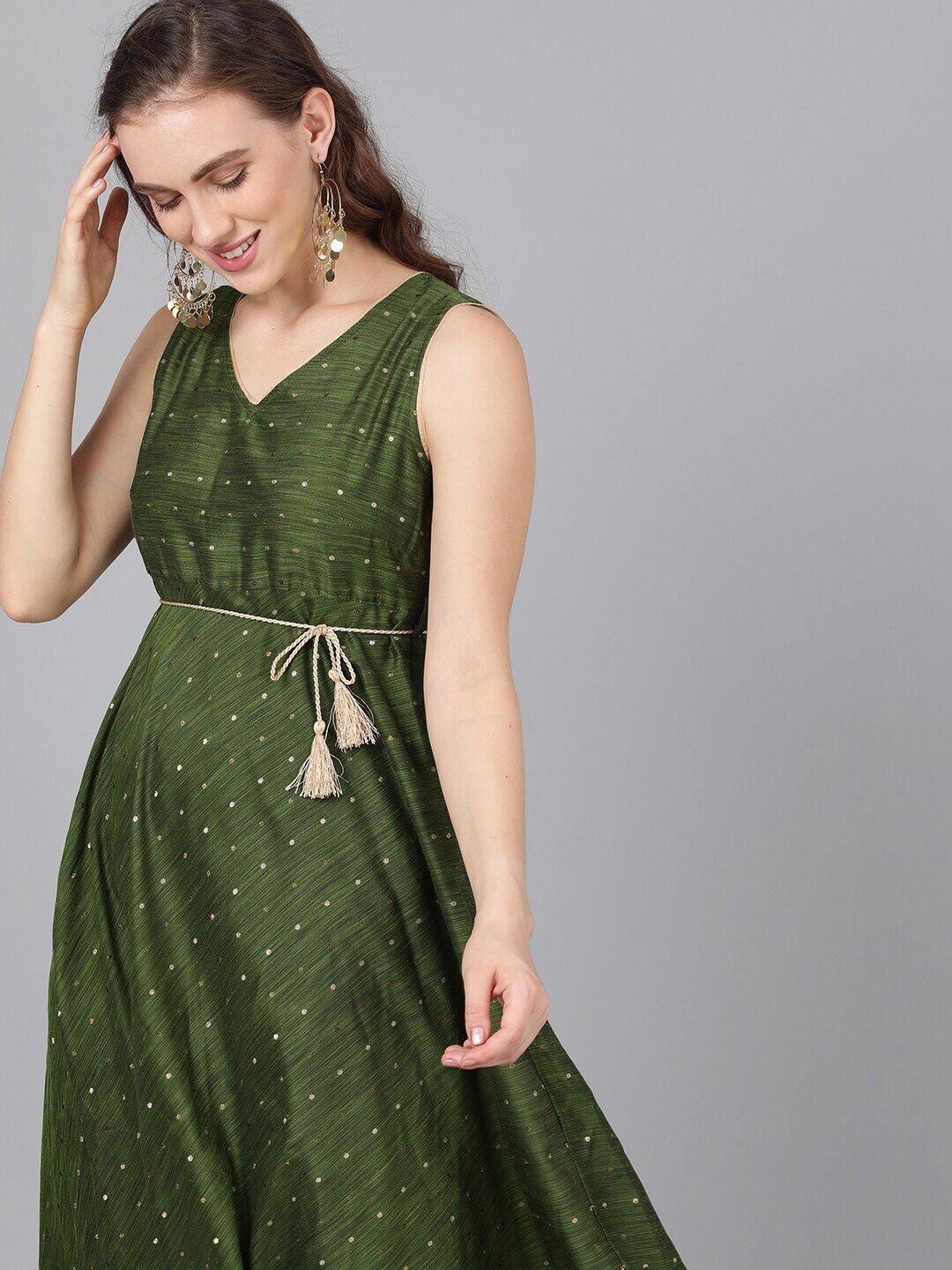 Women's  Green Self Design Empire Dress