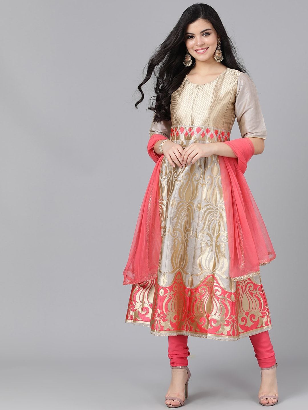 Women's  Grey & Peach Woven Design Kurta with Churidar & Dupatta