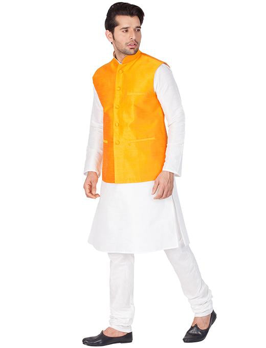 Men's White Cotton Silk Blend Kurta, Ethnic Jacket and Pyjama Set