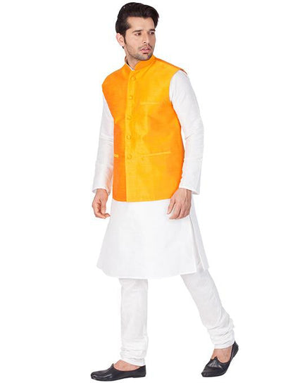 Men's White Cotton Silk Blend Kurta, Ethnic Jacket and Pyjama Set