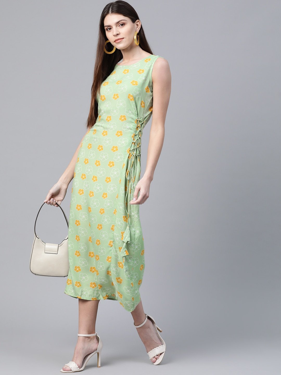 Women's  Green & Mustard Yellow Floral Printed A-Line Dress