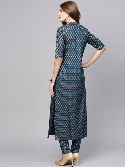 Women's  Teal Blue & Golden Printed Straight Kurta