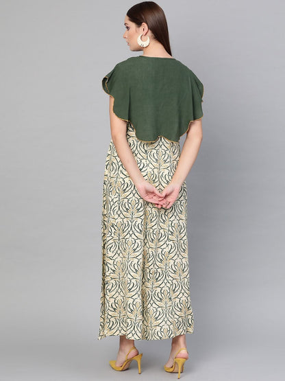 Women's  Cream-Coloured & Green Printed Layered Maxi Dress