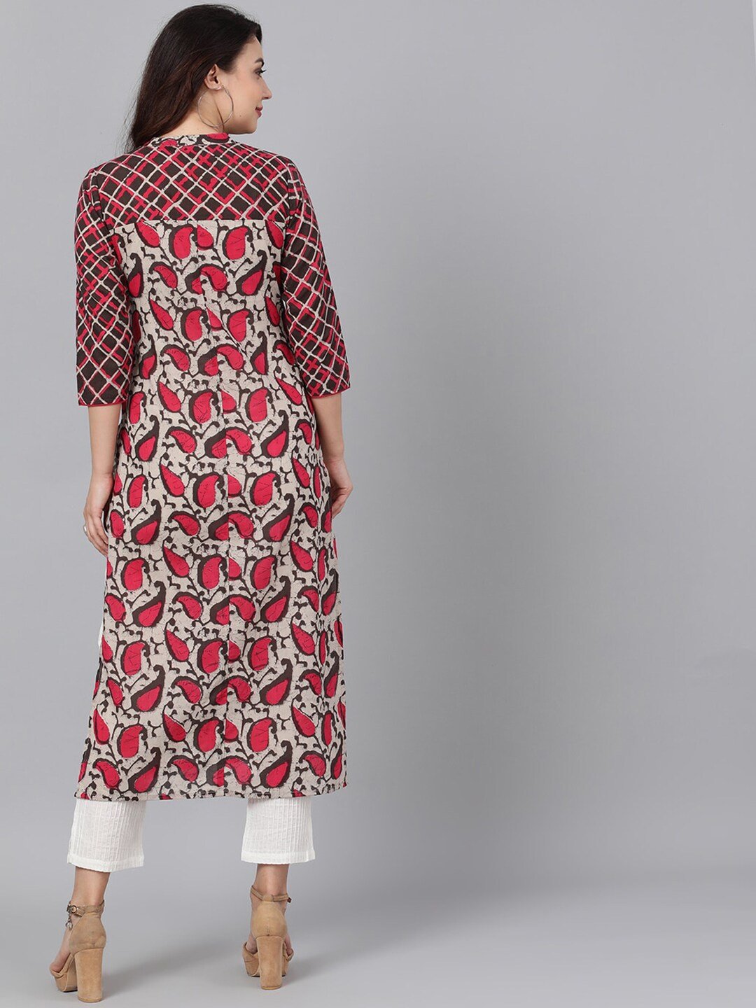 Women's  Brown & Pink Printed Straight Kurta