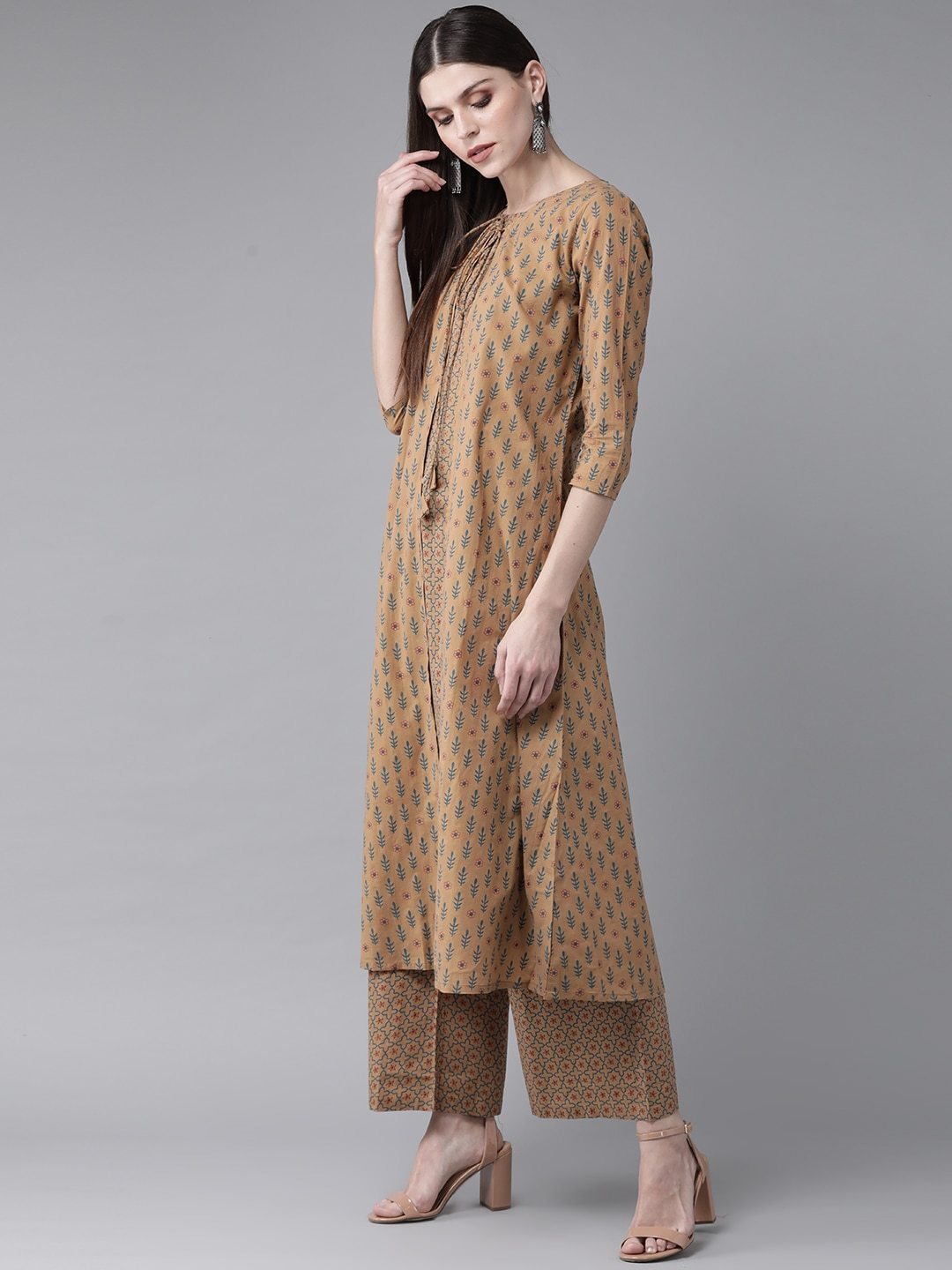 Women's  Brown & Blue Printed Layered Kurta with Palazzos