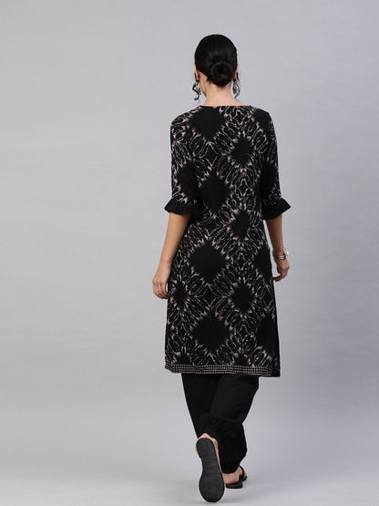 Women's  Black & Grey Discharge Printed Kurta with Salwar With Bell Sleeves