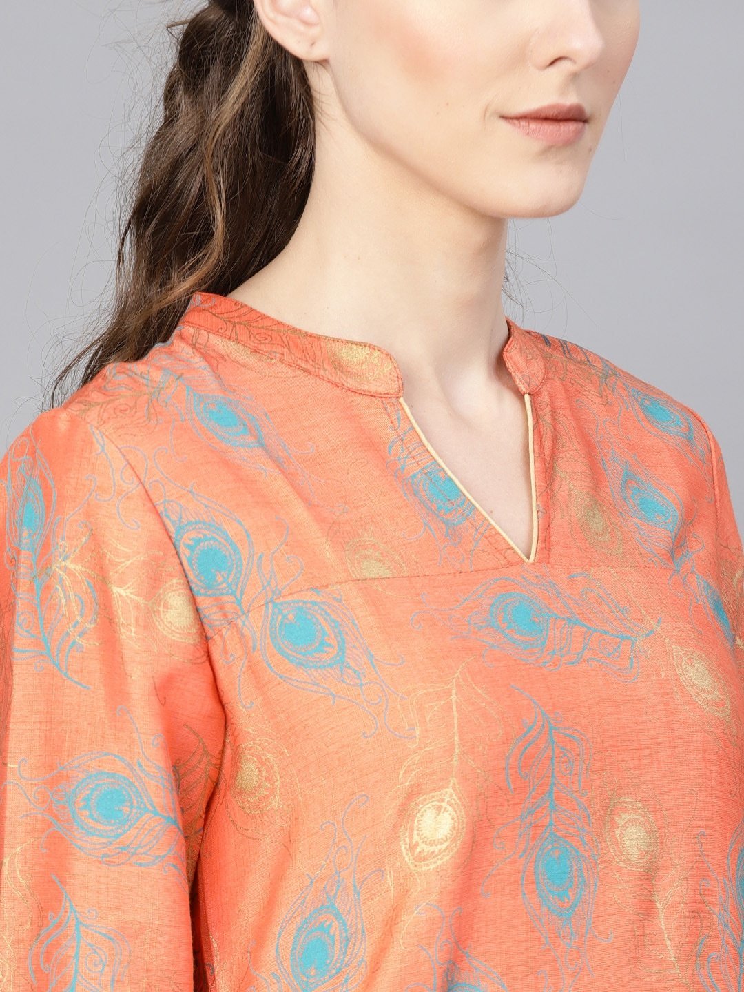 Women's  Peach-Coloured & Blue Printed Straight Kurta
