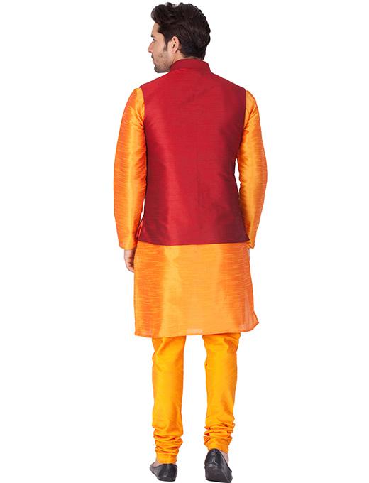 Men's Orange Cotton Silk Blend Kurta, Ethnic Jacket and Pyjama Set