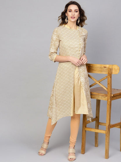 Women's  Off-White & Beige Printed A-Line Angrakha Kurta