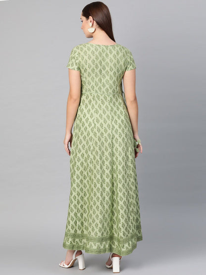 Women's  Green Printed Fit and Flare Dress