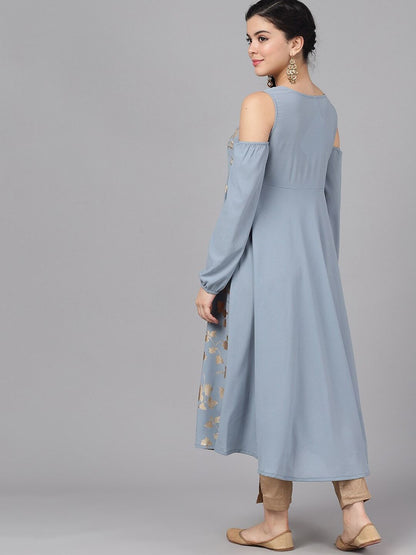 Women's  Grey & Gold-Toned Printed Anarkali Kurta