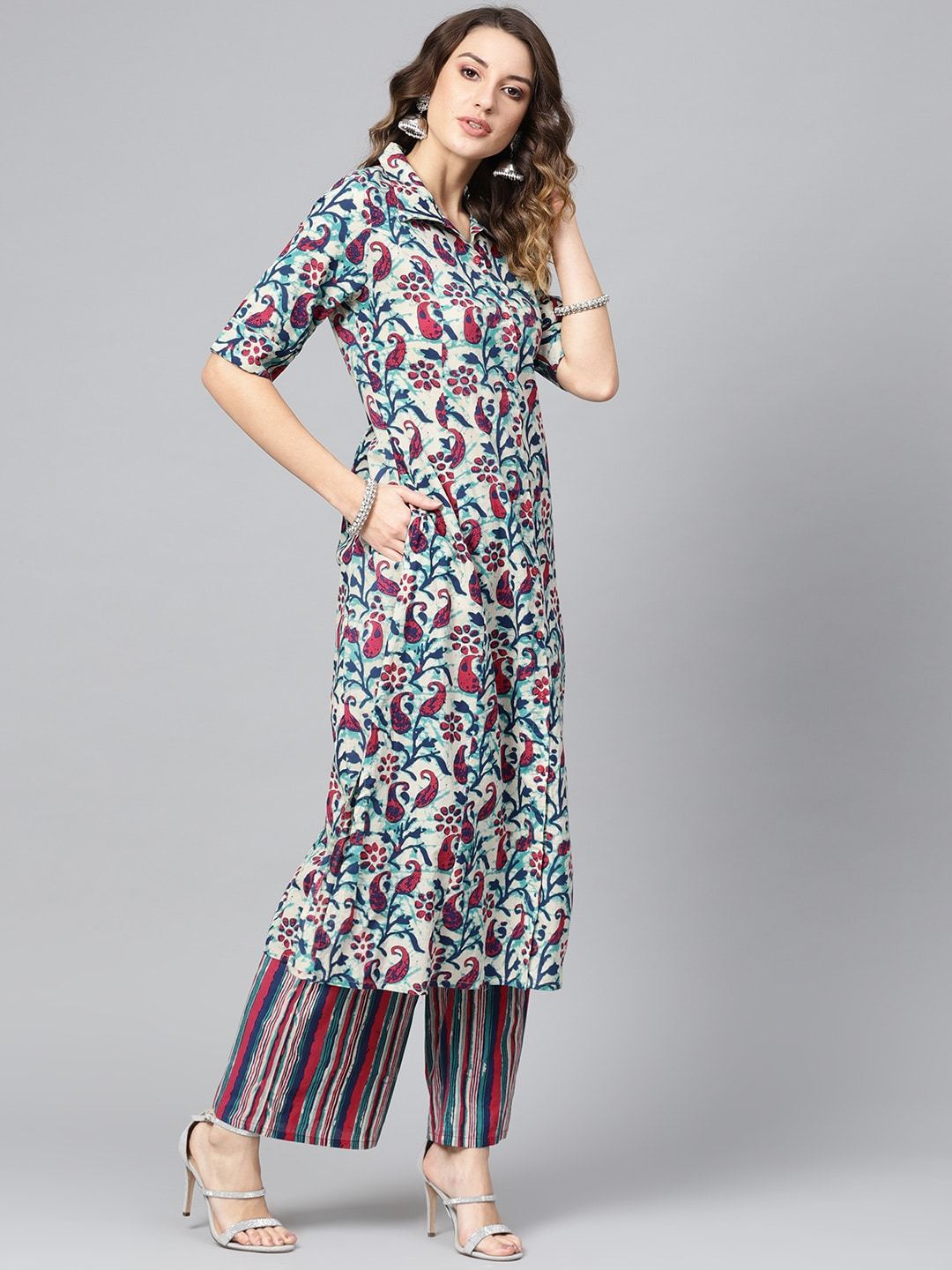 Women's  Off-White & Blue Printed Kurta with Palazzos
