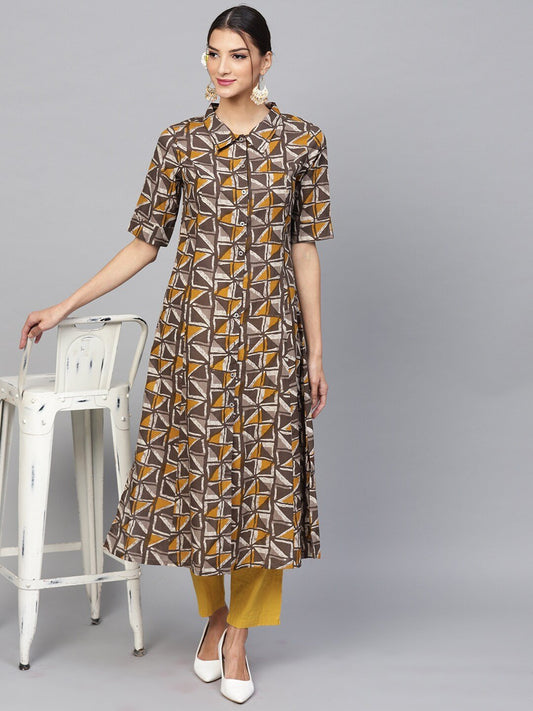 Women's  Taupe & Mustard Printed A-Line Kurta