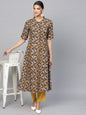 Women's  Taupe & Mustard Printed A-Line Kurta