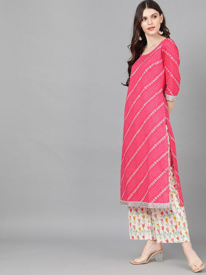 Women's  Magenta & Off-White Printed Kurta with Palazzos