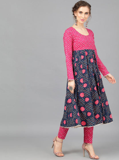 Women's  Navy Blue & Pink Bandhani Printed Anarkali Kurta