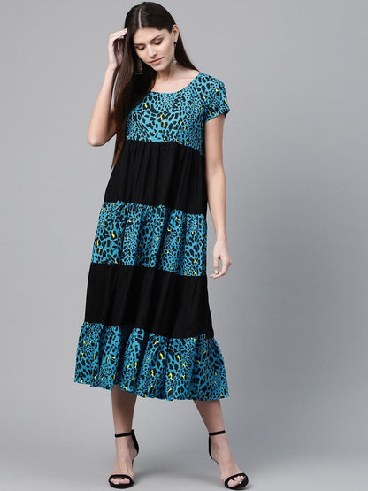 Women's  Blue & Black Animal Printed A-Line Tiered Dress