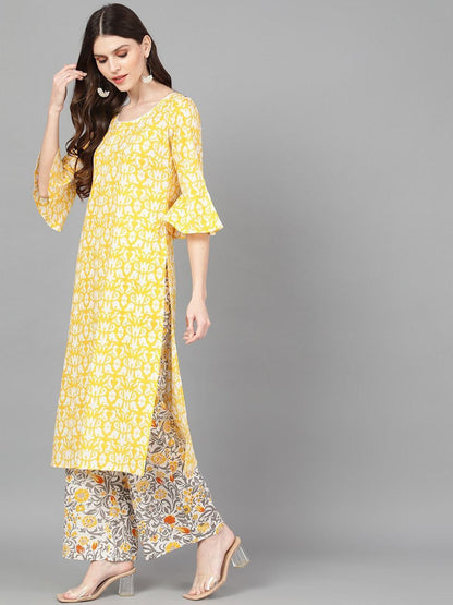 Women's  Yellow & White Printed Kurta with Palazzos