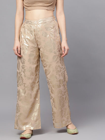 Women's  Beige & Gold-Toned Self Design Wide Leg Palazzos