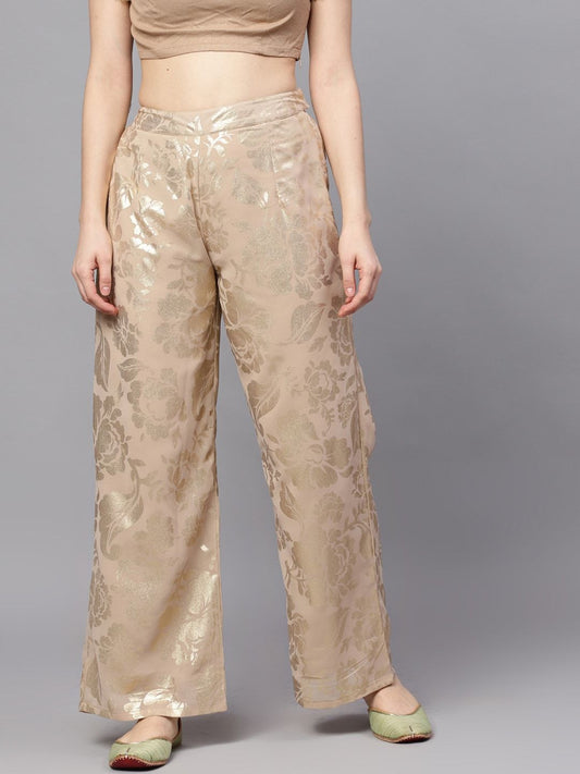 Women's  Beige & Gold-Toned Self Design Wide Leg Palazzos